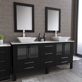  71'' Solid Wood Double Vanity Set in Espresso, White Porcelain Countertop with (2) White Porcelain Trim Design Vessel Sinks, (2) Polished Chrome Faucets and (2) Wood Trimmed Mirrors Included