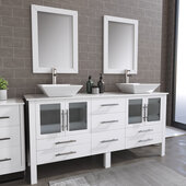  71'' Solid Wood Double Vanity Set in White, White Porcelain Countertop with (2) White Porcelain Trim Design Vessel Sinks, (2) Brushed Nickel Faucets and (2) Wood Trimmed Mirrors Included