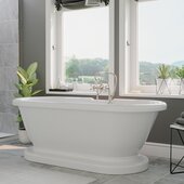 59'' White Acrylic Double Ended Pedestal Bathtub with 7'' Deck Mount Faucet Drillings and Complete Brushed Nickel Plumbing Package, British Telephone Faucet & Hand Held Shower with 6'' Risers