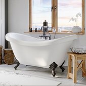  69'' White Acrylic Double Slipper Clawfoot Bathtub without Faucet Holes and Complete Oil Rubbed Bronze Plumbing Package, British Telephone Style Faucet with Hand Held Shower