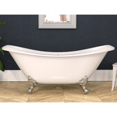  73'' White Acrylic Double Slipper Clawfoot Bathtub with 7'' Deck Mount Faucet Drillings and Brushed Nickel Feet