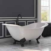  72'' White Cast Iron Double Ended Clawfoot Slipper Bathtub without Faucet Holes and Complete Oil Rubbed Bronze Plumbing Package, Modern Freestanding Gooseneck Faucet with Shower Wand