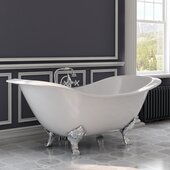  72'' White Cast Iron Double Ended Clawfoot Slipper Bathtub with 7'' Deck Mount Faucet Drillings and Complete Polished Chrome Plumbing Package, Deckmount British Telephone Faucet & Hand Held Shower with 2'' Risers