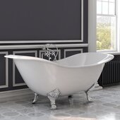  72'' White Cast Iron Double Ended Clawfoot Slipper Bathtub with 7'' Deck Mount Faucet Drillings, Polished Chrome