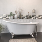  62'' White Cast Iron Slipper Clawfoot Bathtub without Faucet Holes, Brushed Nickel