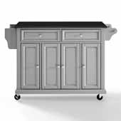  Full Size Portable Kitchen Cart In Grey with Genuine Metal Brushed Nickel Hardware and Black Granite Top, 51-1/2'' W x 18'' D x 34'' H