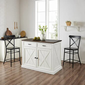  Clifton Kitchen Island with Camille Stools In Distressed White, 47-3/4'' W x 50'' D x 36-1/4'' H