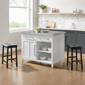  Silvia Stainless Steel Top Island W/Uph Saddle Stools- Kitchen Island & 2 Stools In White, 46'' W x 47'' D x 36-1/2'' H