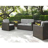  Palm Harbor Collection 3 Piece Outdoor Wicker Seating Set With Grey Cushions - Loveseat & Two Outdoor Chairs, Brown Finish 
