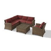 Crosley Bradenton 5-Piece Outdoor Wicker Seating Set with Sangria Cushions - Right Corner Loveseat, Left Corner Loveseat, Corner Chair, Arm Chair, Sectional Glass Top Coffee Table
