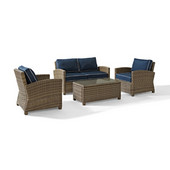 Crosley Bradenton 4 Piece Outdoor Wicker Seating Set with Navy Cushions - Loveseat, Two Arm Chairs & Glass Top Table