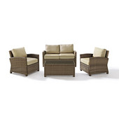 Crosley Bradenton 4 Piece Outdoor Wicker Seating Set with Sand Cushions - Loveseat, Two Arm Chairs & Glass Top Table