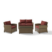 Crosley Bradenton 4 Piece Outdoor Wicker Seating Set with Sangria Cushions - Loveseat, Two Arm Chairs & Glass Top Table