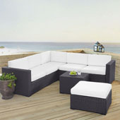  Biscayne 6 Person Outdoor Wicker Seating Set in White - Two Loveseats, One Corner Chair, Coffee Table, Ottoman
