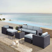  Biscayne 7 Person Outdoor Wicker Seating Set in Mist - One Loveseat, Two Arm Chairs, One Corner Chair, One Coffee Table, Two Ottomans
