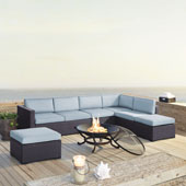  Biscayne 7 Person Outdoor Wicker Seating Set in Mist - Two Loveseats, One Armless Chair, Two Ottomans, Ashland Firepit
