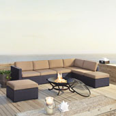  Biscayne 7 Person Outdoor Wicker Seating Set in Mocha  - Two Loveseats, One Armless Chair, Two Ottomans, Ashland Firepit