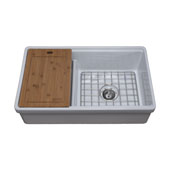 Empire Tosca Farmhouse Fireclay 33'' Reversable 60/40 Double Bowl Kitchen Sink White with Cutting-Board, Bottom Grid and Strainer, 33''W x 20''D x 10''H
