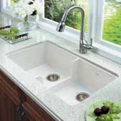 Platus Series Fireclay Apron Front or Undermount Double Bowl Kitchen Sink with Low Divide, White Finish, 32''W x 18''D x 8-1/4''H