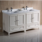  Oxford 60'' Wide Antique White Traditional Double Sink Bathroom Cabinets w/ Top & Sinks, 60'' W x 20-3/8'' D x 34-3/4'' H