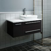  Lucera 36'' Espresso Wall Hung Modern Bathroom Vanity Base Cabinet w/ Top & Vessel Sink - Right Version, Vanity: 36''W x 20-2/5''D x 20-4/5''H