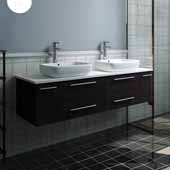 Lucera 60'' Espresso Wall Hung Modern Bathroom Vanity Base Cabinet w/ Top & Double Vessel Sinks, Vanity: 60''W x 20-2/5''D x 20-4/5''H