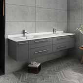  Lucera 72'' Gray Wall Hung Modern Bathroom Vanity Base Cabinet w/ Top & Double Undermount Sinks, Vanity: 72''W x 20-2/5''D x 15-4/5''H