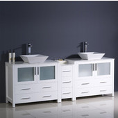  Torino 84'' Wide White Modern Double Sink Bathroom Cabinets w/ Tops & Vessel Sinks