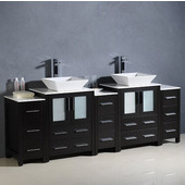  Torino 84'' Wide Espresso Modern Double Sink Bathroom Cabinets w/ Tops & Vessel Sinks