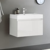  Mezzo 30'' White Wall Hung Modern Bathroom Cabinet w/ Integrated Sink, Overall Dimensions: 29-1/2'' W x 18-7/8'' D x 21-5/8'' H