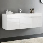  Mezzo 60'' White Wall Hung Single Sink Modern Bathroom Cabinet w/ Integrated Sink, Overall Dimensions: 59'' W x 18-7/8'' D x 21-5/8'' H