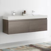  Mezzo 60'' Gray Oak Wall Hung Double Sink Modern Bathroom Cabinet w/ Integrated Sink, Overall Dimensions: 59'' W x 18-7/8'' D x 21-5/8'' H