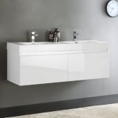  Mezzo 60'' White Wall Hung Double Sink Modern Bathroom Cabinet w/ Integrated Sink, Overall Dimensions: 59'' W x 18-7/8'' D x 21-5/8'' H