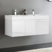  Vista 48'' White Wall Hung Double Sink Modern Bathroom Cabinet w/ Integrated Sink, Overall Dimensions: 47-5/16'' W x 18-7/8'' D x 21-5/8'' H