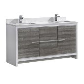  Allier Rio 60'' Ash Gray Double Sink Modern Bathroom Cabinet w/ Top & Sinks, Cabinet Base: 60'' W x 20-1/2'' D x 33-1/2'' H, Sink: 18-1/4'' W x 11-1/2'' D x 4-3/4'' H