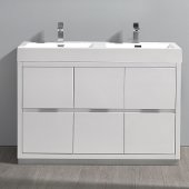  Valencia 48'' Glossy White Free Standing Double Sink Modern Bathroom Vanity, Vanity Base: 48'' W x 19'' D x 34'' H, Sink: 19-11/16'' W x 12-5/16'' D x 4-4/5'' H
