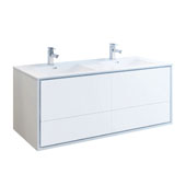  Catania 60'' Wall Hung Bathroom Cabinet with Integrated Double Sink in Glossy White Finish, 59-3/10'' W x 18-1/2'' D x 23-1/5'' H