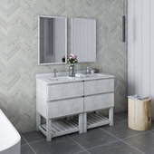  Formosa 48'' Floor Standing Double Sink Modern Bathroom Vanity Set w/ Open Bottom & Mirrors in Rustic White Finish, Base Cabinet: 48'' W x 20-3/8'' D x 34-7/8'' H, 4 Drawers