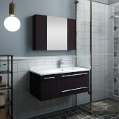  Lucera 36'' Espresso Wall Hung Undermount Sink Modern Bathroom Vanity Set w/ Medicine Cabinet - Right Version, Vanity: 36''W x 20-2/5''D x 15-4/5''H, Medicine Cabinet: 31-1/2''W x 23-3/5''H x 6''D