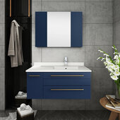  Lucera 36'' Royal Blue Wall Hung Undermount Sink Modern Bathroom Vanity Set w/ Medicine Cabinet - Right Version, Vanity: 36''W x 20-2/5''D x 15-4/5''H, Medicine Cabinet: 31-1/2''W x 23-3/5''H x 6''D
