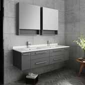  Lucera 60'' Gray Wall Hung Double Undermount Sink Modern Bathroom Vanity Set w/ Medicine Cabinets, Vanity: 60''W x 20-2/5''D x 15-4/5''H, Medicine Cabinet: 24''W x 31-1/2''H x 6''D
