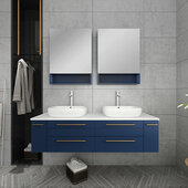  Lucera 60'' Royal Blue Wall Hung Double Vessel Sink Modern Bathroom Vanity Set w/ Medicine Cabinets, Vanity: 60''W x 20-2/5''D x 20-4/5''H, Medicine Cabinet: 24''W x 31-1/2''H x 6''D