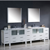  Torino 108'' White Modern Double Sink Bathroom Vanity with 3 Side Cabinets and Integrated Sinks, Dimensions of Vanity: 108'' W x 18-1/8'' D x 33-3/4'' H