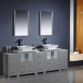  Torino 84'' Gray Modern Double Sink Bathroom Vanity Set with Mirror and Faucets, 3 Side Cabinets & Vessel Sinks, 84'' W x 18-1/8'' D x 35-5/8'' H