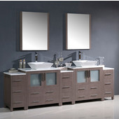  Torino 96'' Gray Oak Modern Double Sink Bathroom Vanity with 3 Side Cabinets and Vessel Sinks, Dimensions of Vanity: 96'' W x 18-1/8'' D x 35-5/8'' H