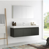  Mezzo 60'' Black Wall Hung Single Sink Modern Bathroom Vanity with Medicine Cabinet, Dimensions of Vanity: 59'' W x 18-7/8'' D x 21-5/8'' H