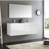  Mezzo 60'' White Wall Hung Double Sink Modern Bathroom Vanity with Medicine Cabinet, Dimensions of Vanity: 59'' W x 18-7/8'' D x 21-5/8'' H