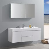  Valencia 60'' Glossy White Wall Hung Modern Bathroom Vanity w/ Medicine Cabinet, Vanity Base: 60'' W x 19'' D x 23-11/16'' H, Medicine Cabinet: 49'' W x 5'' D x 26'' H