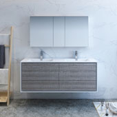  Catania 60'' Wall Hung Double Sink Bathroom Vanity with Medicine Cabinet in Glossy Ash Gray Finish, 59-3/10'' W x 18-1/2'' D x 23-1/5'' H