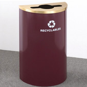 Glaro Single Purpose Half Round Recycling Receptacle, 10 Gallon, Available in Multiple Colors, 18''W, 4-7/8''Dia. hole w/ a 2-1/2''x9-1/2'' slot, Recyclables w/ Recycling Logo, Burgundy Finish, Satin Brass Top